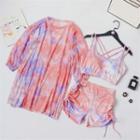 Set: Tie-dye Print Tankini Top + Shorts + Cover-up