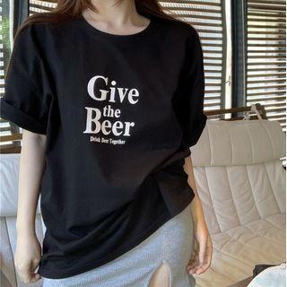 Elbow-sleeve Lettering Print T-shirt / Mini Skirt