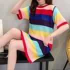 Short-sleeve Striped Knit Dress Red - One Size