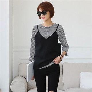 Striped 3/4-sleeve Mock Two-piece T-shirt