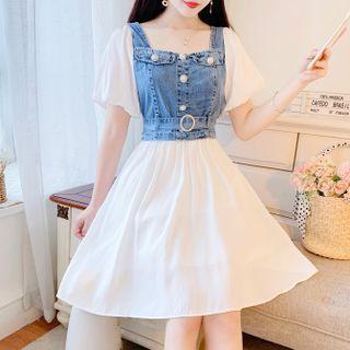 Bubble Sleeve Mock Two Piece Denim Panel A-line Dress