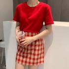 Plain Short-sleeve T-shirt / Plaid Mini Pencil Skirt