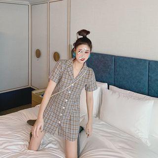 Short-sleeve Plaid Buttoned A-line Mini Dress Khaki - One Size