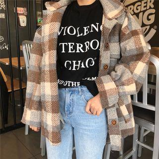 Long Sleeve Checked Woolen Coat As Shown In Figure - One Size