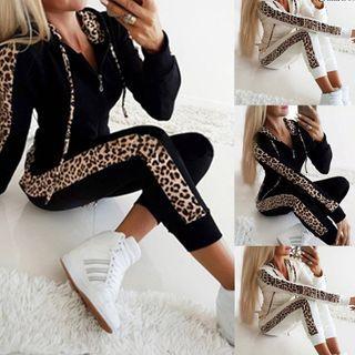 Set: Leopard Print Panel Zipped Hooded Jacket + Sweatpants