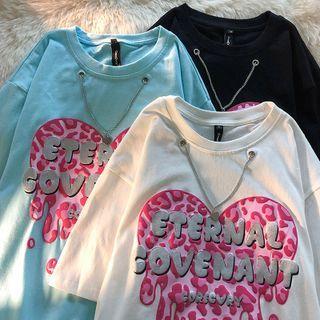Elbow-sleeve Lettering Chained T-shirt