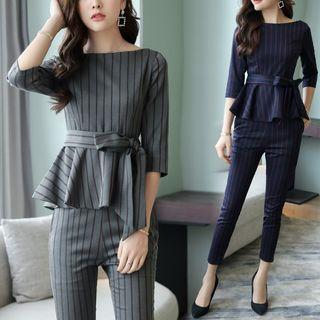 Set: 3/4-sleeve Striped Top + Dress Pants