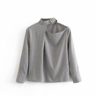 Houndstooth Belted Cutout Blouse