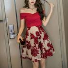 Off-shoulder Flower Embroidered A-line Dress