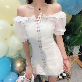 Off-shoulder Mesh Panel Mini Bodycon Dress