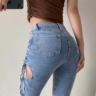High Waist Cutout Split Straight Leg Jeans