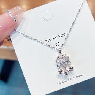 Rhinestone Chinese Lock Pendant Necklace X109 - 1pc - Silver - One Size