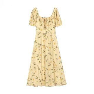 Short-sleeve Gingham Floral A-line Dress