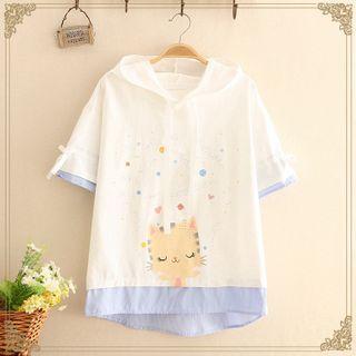 Inset Cat Print Hooded Short-sleeve Tee