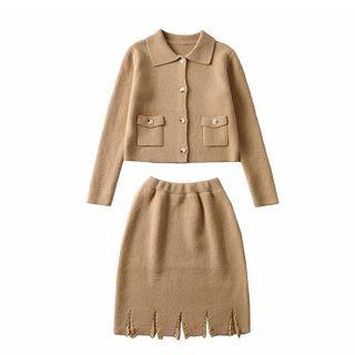 Set: Pocket Detail Collared Cardigan + Front-slit Mini Pencil Skirt
