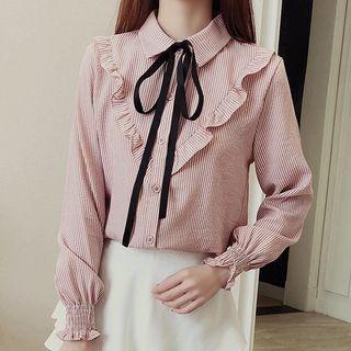 Tie-neck Striped Frill Trim Shirt