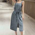 Tie-waist Denim Midi Pinafore Dress / Spaghetti Strap Top