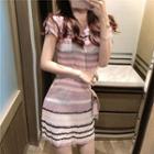 Striped Short-sleeve A-line Dress Pink - One Size