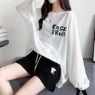 Set: Long-sleeve Lettering Print T-shirt + Drawstring Shorts