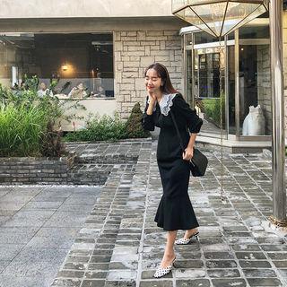 Lace-collar Blouse & Maxi Mermaid Skirt Set Black - One Size