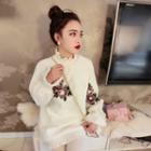 Mock Neck Floral Embroidered Pullover White - One Size