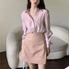 Long Sleeve Pocket Linen Shirt / High Waist Faux Leather Mini A-line Skirt