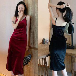 Spaghetti-strap Midi A-line Velvet Dress