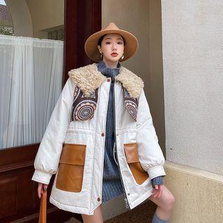 Fleece Collar Color Block Padded Jacket