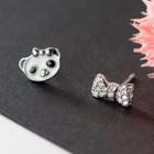 925 Sterling Silver Asymmetric Rhinestone Panda Stud Earring 1 Pair - One Size
