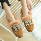 Faux Suede Faux Fur Trim Embellished Bow Loafers