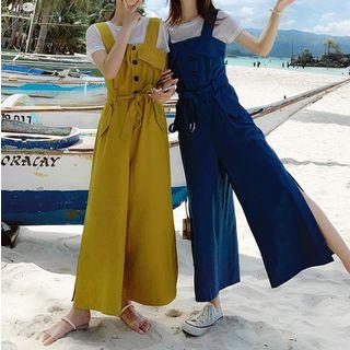 Wide-strap Buttoned Wide-leg Split Jumpsuit
