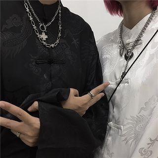 Plain Dragon Print Mock-neck Single-breasted Loose-fit Long-sleeve Top