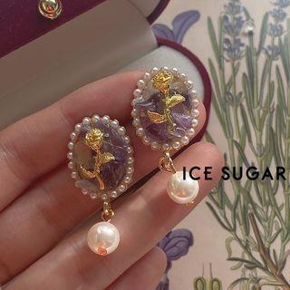Rose Faux Pearl Drop Ear Stud / Clip-on Earring