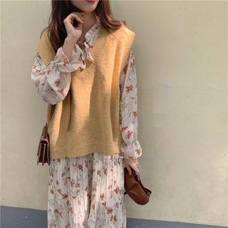 V-neck Knitted Vest / Long-sleeve Tie-neck Floral Printed Dress