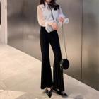 Set: Lace-up Flared-cuff Blouse + High Waist Boot-cut Pants