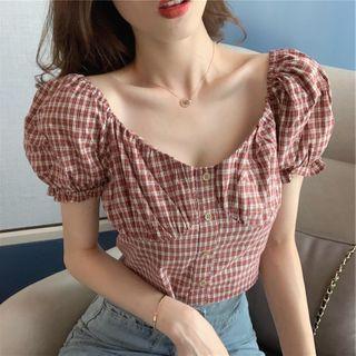 Square Neck Short Sleeve Plaid Cropped Top Red - One Size