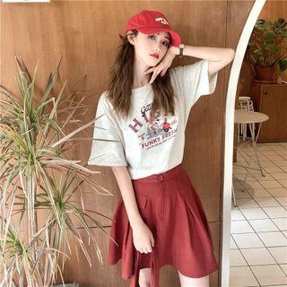 Short-sleeve Cartoon Print T-shirt + Plain Mini Skirt