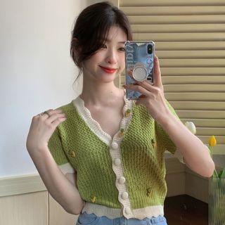 Short-sleeve Two-tone Cardigan Green - One Size