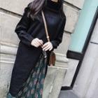 Set: Turtleneck Long Sweater + Floral Pleated Midi Skirt