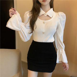 Long Sleeve Flared-cuff Doll Collar Cut-out Plain Top