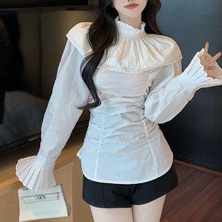 Mock-neck Flared-cuff Shirred Blouse