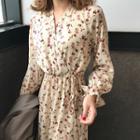 Long-sleeve Frill Trim Floral A-line Midi Dress As Shown In Figure - One Size
