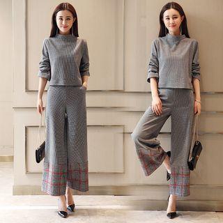 Set: Mock Neck Long-sleeve Top + Wide Leg Pants