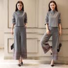 Set: Mock Neck Long-sleeve Top + Wide Leg Pants