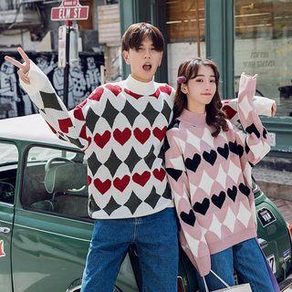 Couple Matching Mock-neck Heart Pattern Sweater