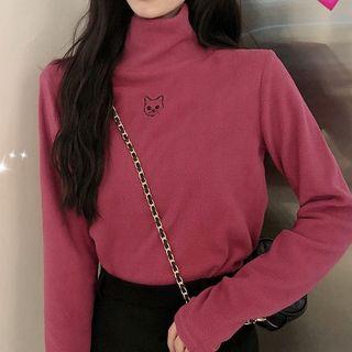 Cat Embroidered Mock-turtleneck Long-sleeve Top