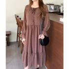 Tie-neck Patterned Tiered Dress Brown - One Size