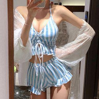 Set: Striped Tankini Top + Bottom + Cover-up