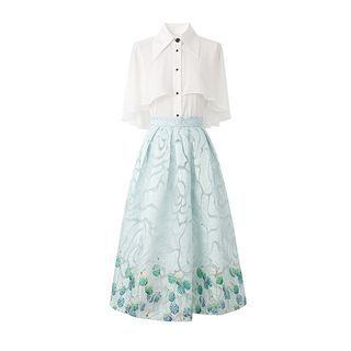 Set: Flared-sleeve Shirt + Floral Midi A-line Skirt