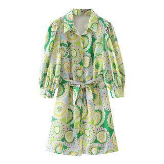 Balloon-sleeve Print Mini A-line Shirtdress